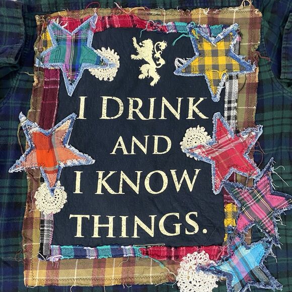 Upcycled Flannel Shirt Shacket Womens 1X Grunge Patchwork Folk Art Drink Camp - Picture 3 of 15